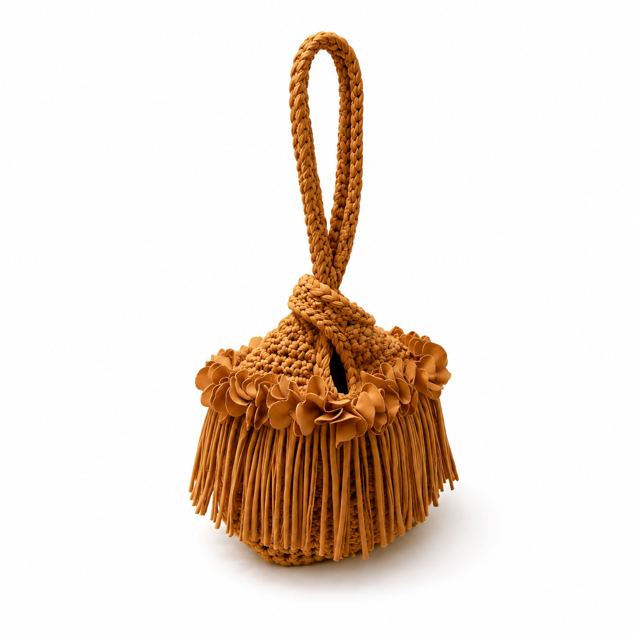 Handmade hazelnut brown crochet flower fringe mini swing bag