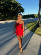 Reversible handmade tulip red ruffle rose tube top and mini skirt set