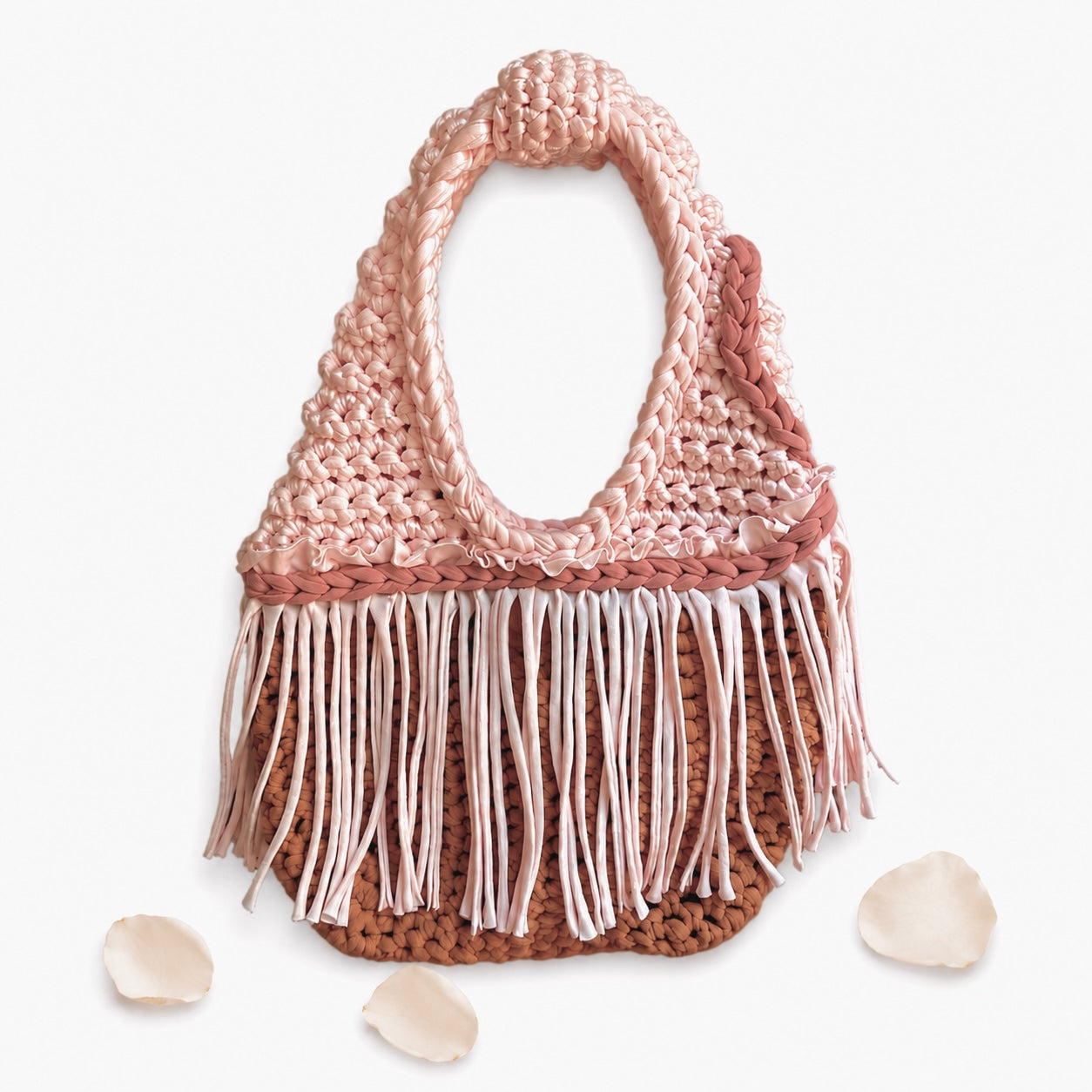 Handmade rosewood light pink crochet fringe mini handbag. 