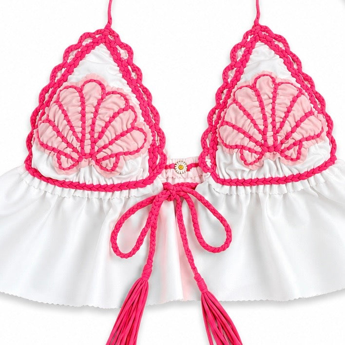 Handmade pink tropical seashell crochet triangle halter top