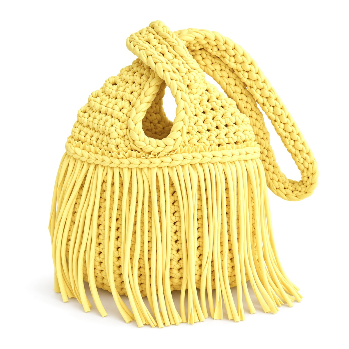 Handmade crochet mini swing bag in Daffodil yellow with flowing fringe and a loop-through wristlet handle.