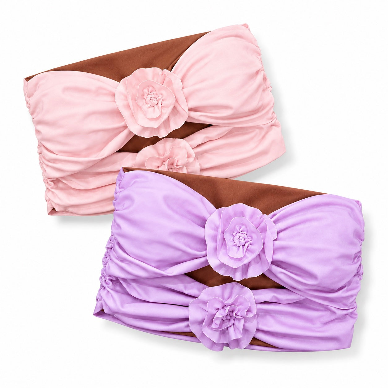 Reversible handmade petal pink and orchid purple double rose bandeau tube top.