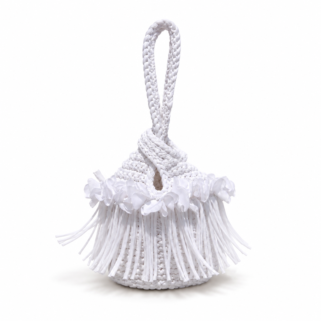 Handmade gardenia white crochet flower fringe mini swing bag