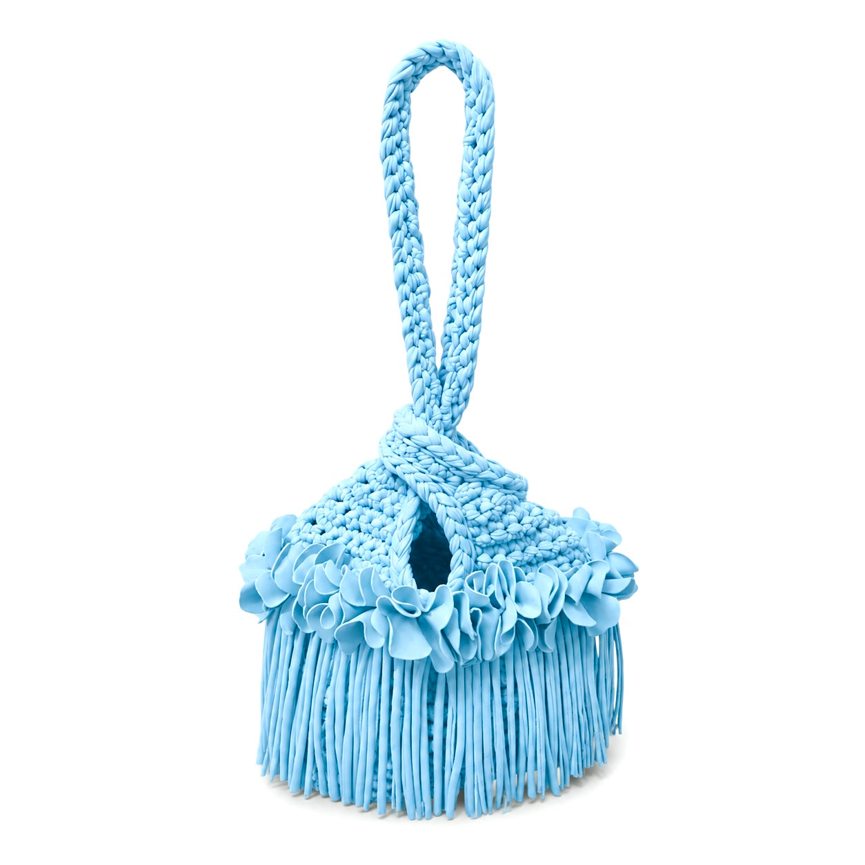 Crochet Hydrangea blue flower fringe mini swing bag, handmade with stretch nylon/spandex. 