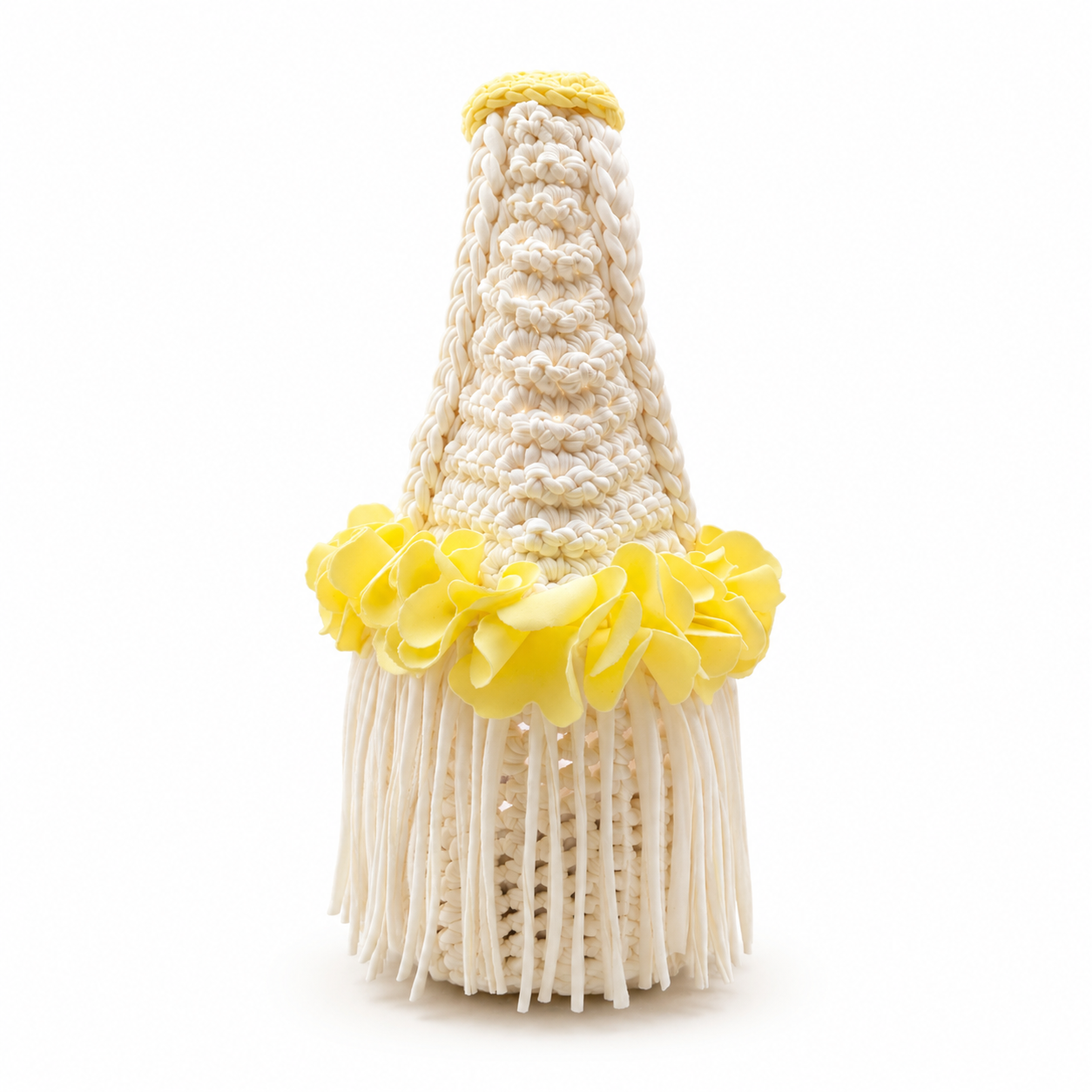 Handmade honeysuckle yellow cream crochet flower fringe mini bag