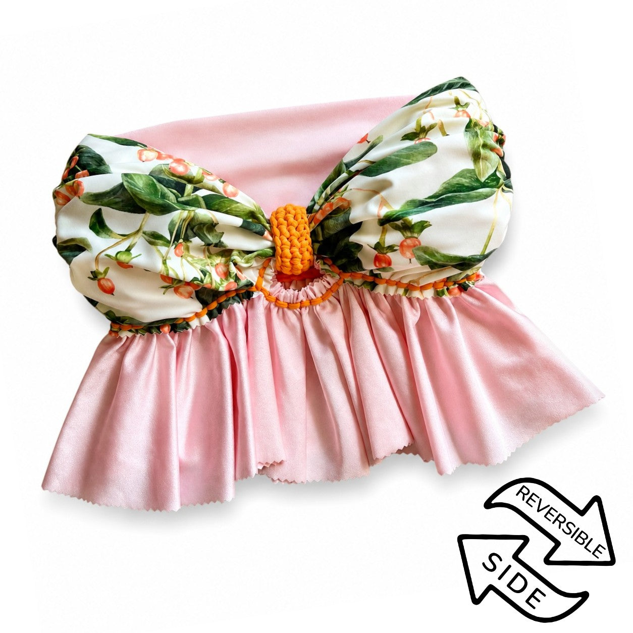 Reversible handmade pink botanical print ruffle bow crochet tube top