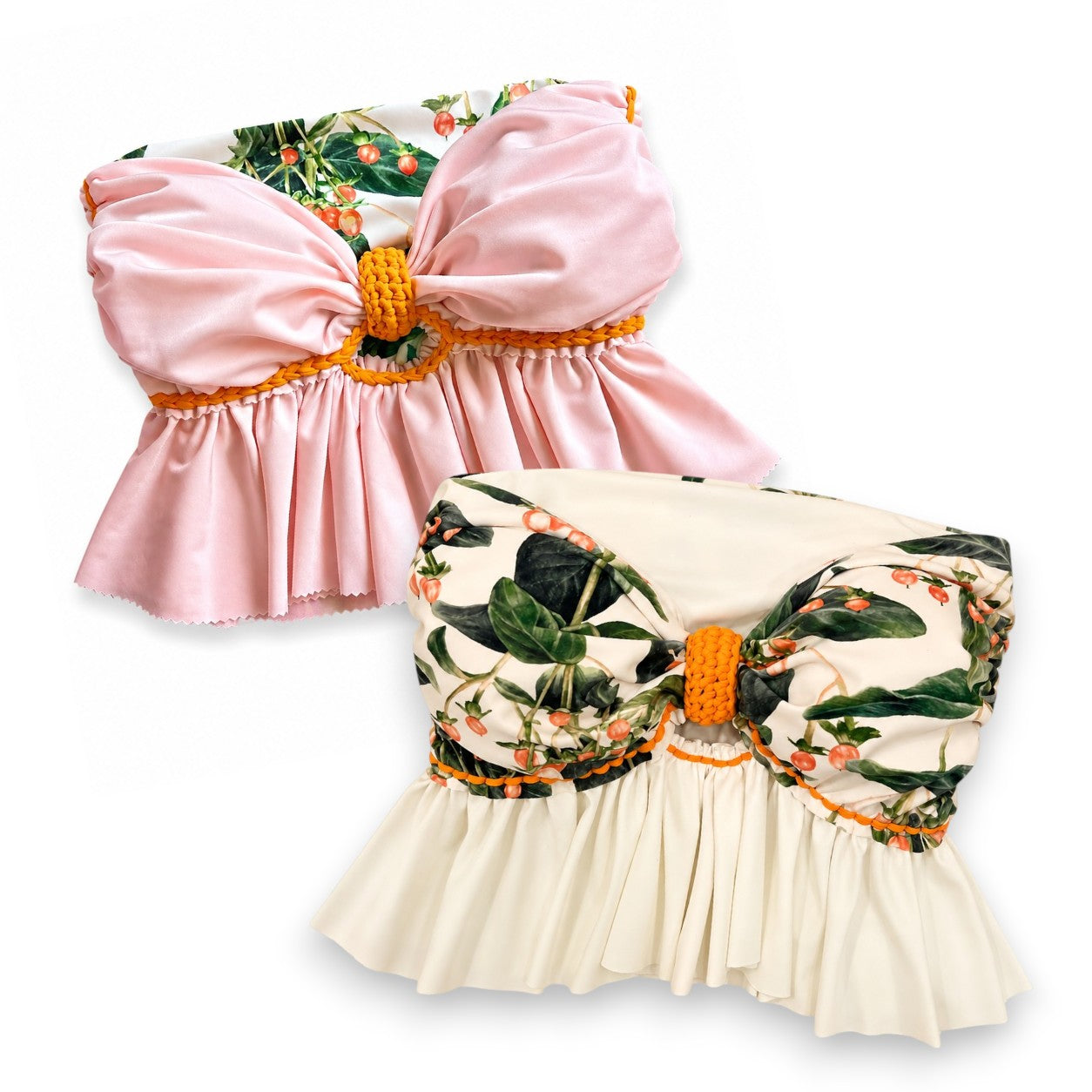 Reversible handmade pink and white botanical print ruffle bow crochet tube top 