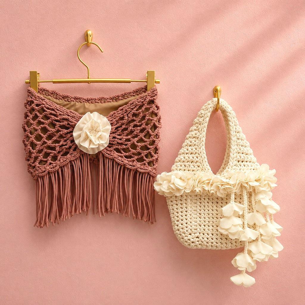 Handmade magnolia cream crochet floral mini bag with white cascading petal bells, for bridal, weddings and parties. Purse is paired with crocheted fringe rosette tube top.