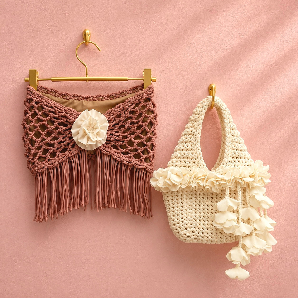 Handmade magnolia cream crochet floral mini bag with white cascading petal bells, for bridal, weddings and parties. Purse is paired with crocheted fringe rosette tube top.