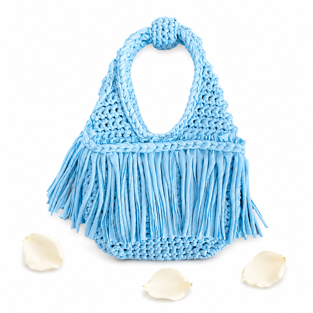 Handmade hydrangea light blue crochet fringe mini bag purse. 