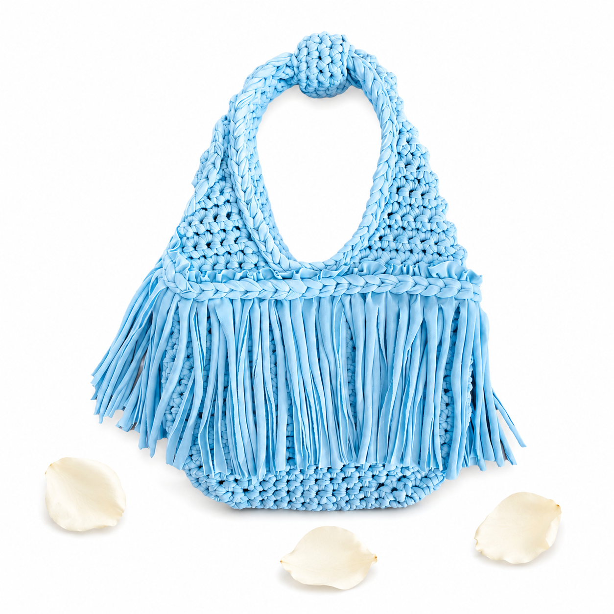 Handmade hydrangea light blue crochet fringe mini bag purse. 