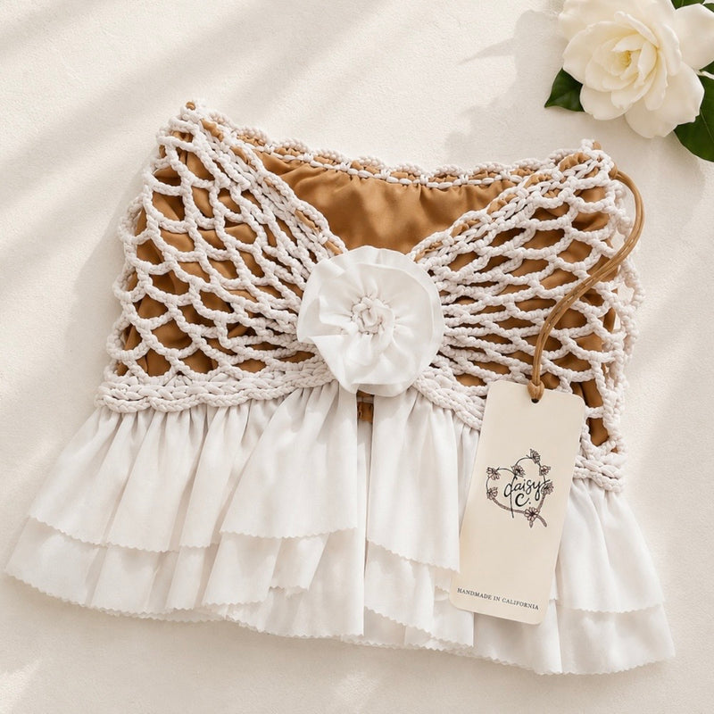 Handmade crochet rosette gardenia white strapless floral ruffle tube top