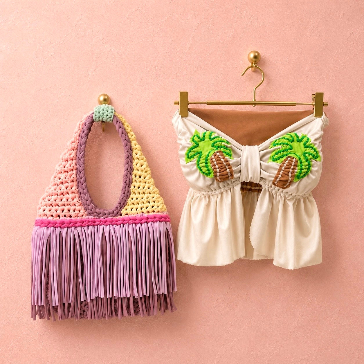 Handmade Island Sorbet crochet fringe mini bag made with stretch nylon/spandex. 