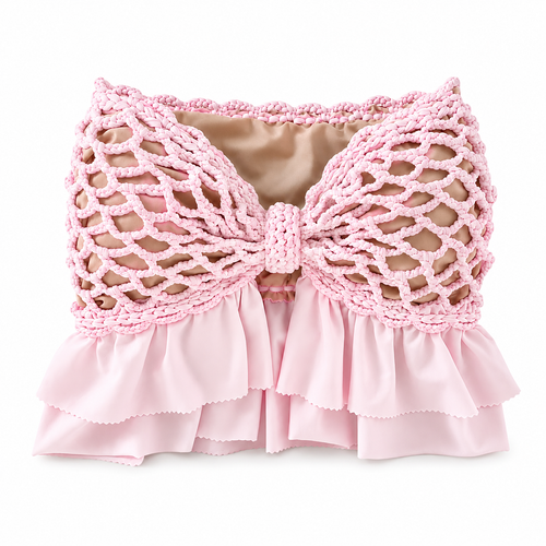 Handmade crochet bow petal pink strapless ruffle tube top