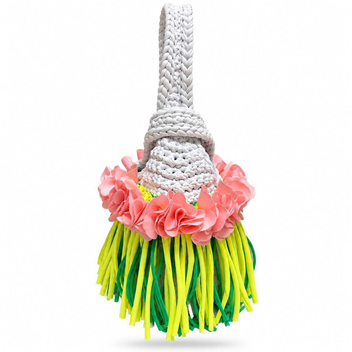Handmade Gardenia white crochet mini swing bag with Petal pink flowers and neon yellow and green fringe with a loop-through wristlet handle.