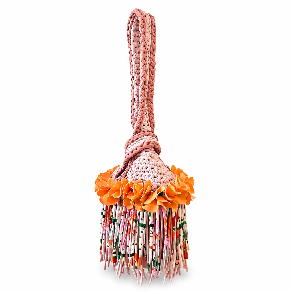Handmade desert bloom tan crochet flower fringe mini swing bag
