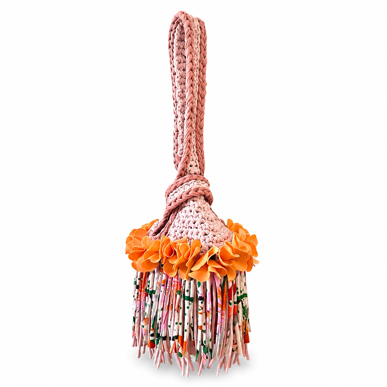 Handmade desert bloom tan crochet flower fringe mini swing bag
