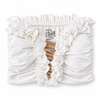 Gardenia white flower lei tube top with floral trim and hand-crocheted lace-up center detail.