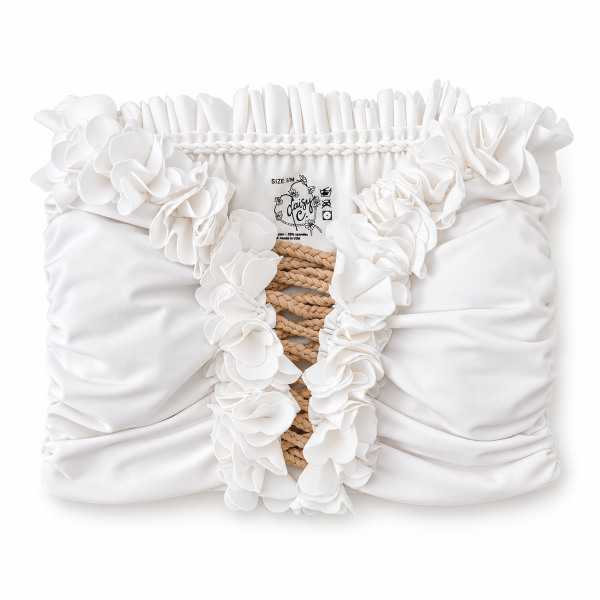 Gardenia white flower lei tube top with floral trim and hand-crocheted lace-up center detail.