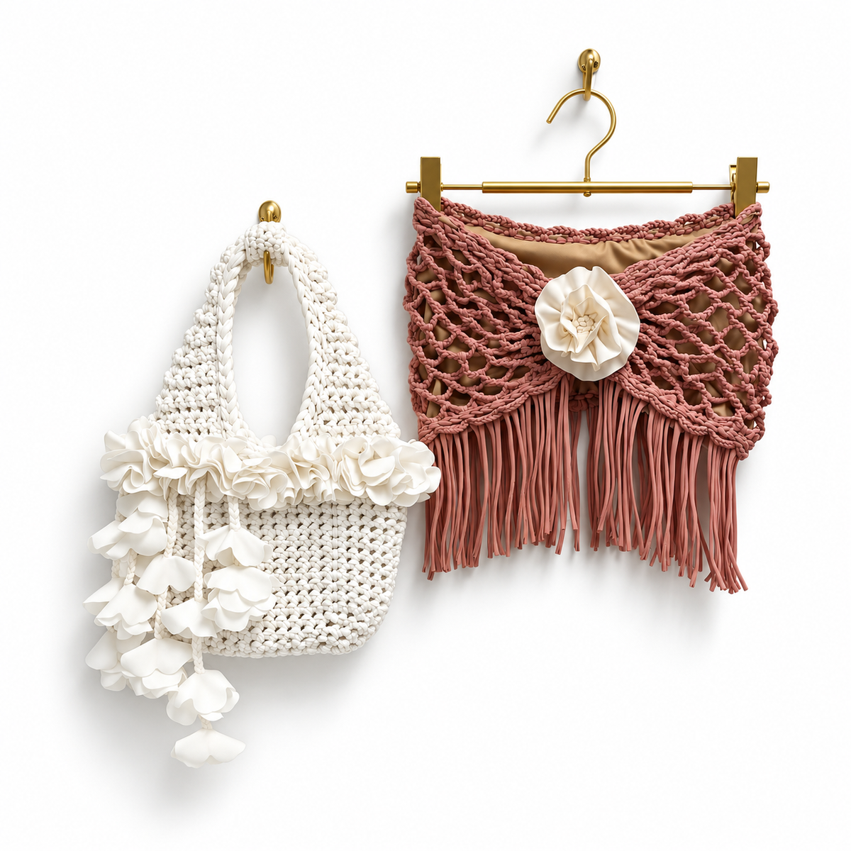 Handmade crochet petal bell mini bag in gardenia white, with braided handle and cascading petal trim. 