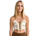 Magnolia cream flower lei tube top with floral trim and hand-crocheted lace-up center detail.