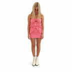 Reversible handmade hibiscus pink ruffle bow tube top and mini skirt set