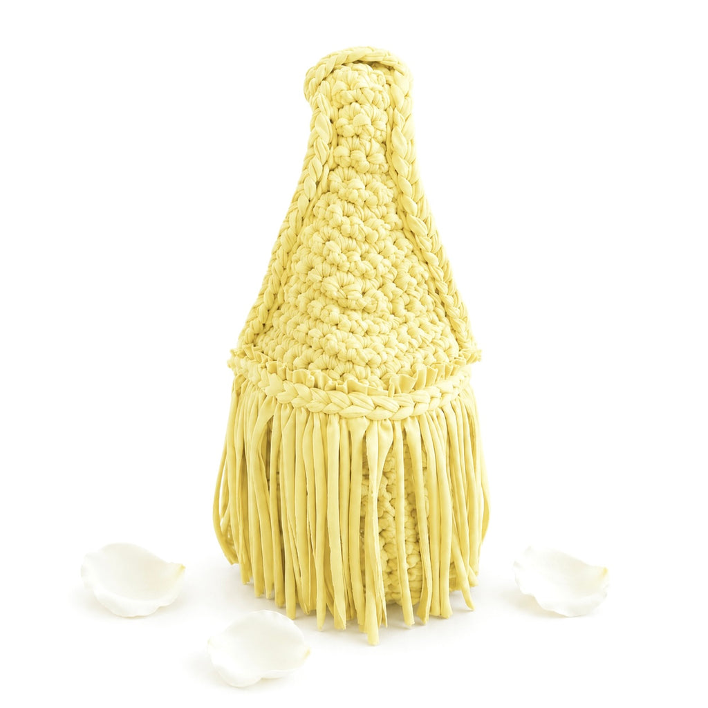 Handmade Daffodil light yellow crochet fringe mini bag made with stretch nylon/spandex. 