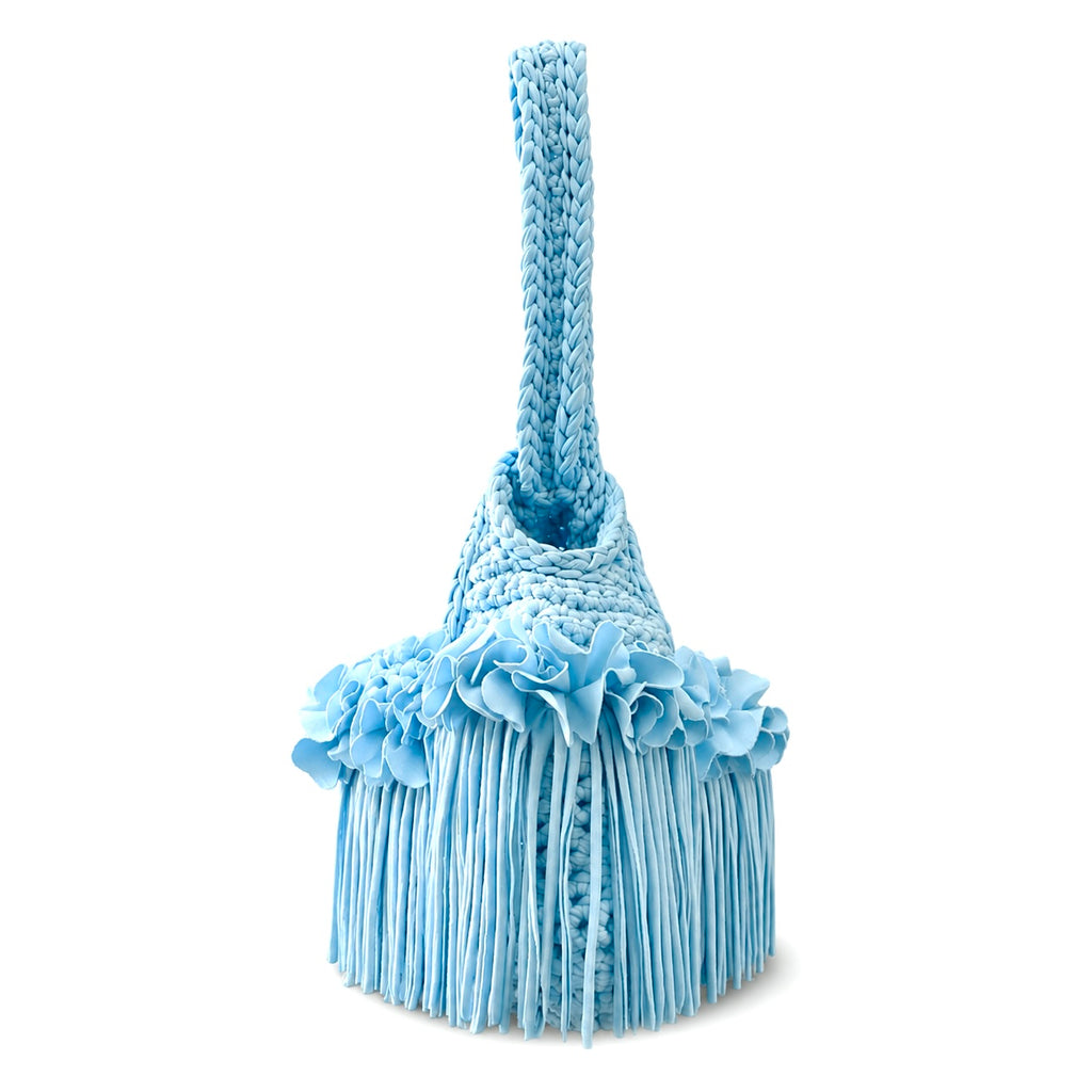 Crochet Hydrangea blue flower fringe mini swing bag, handmade with stretch nylon/spandex. 