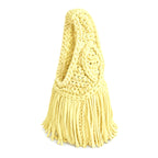 Handmade Daffodil light yellow crochet fringe mini bag with flowing fringe and a braided handle.