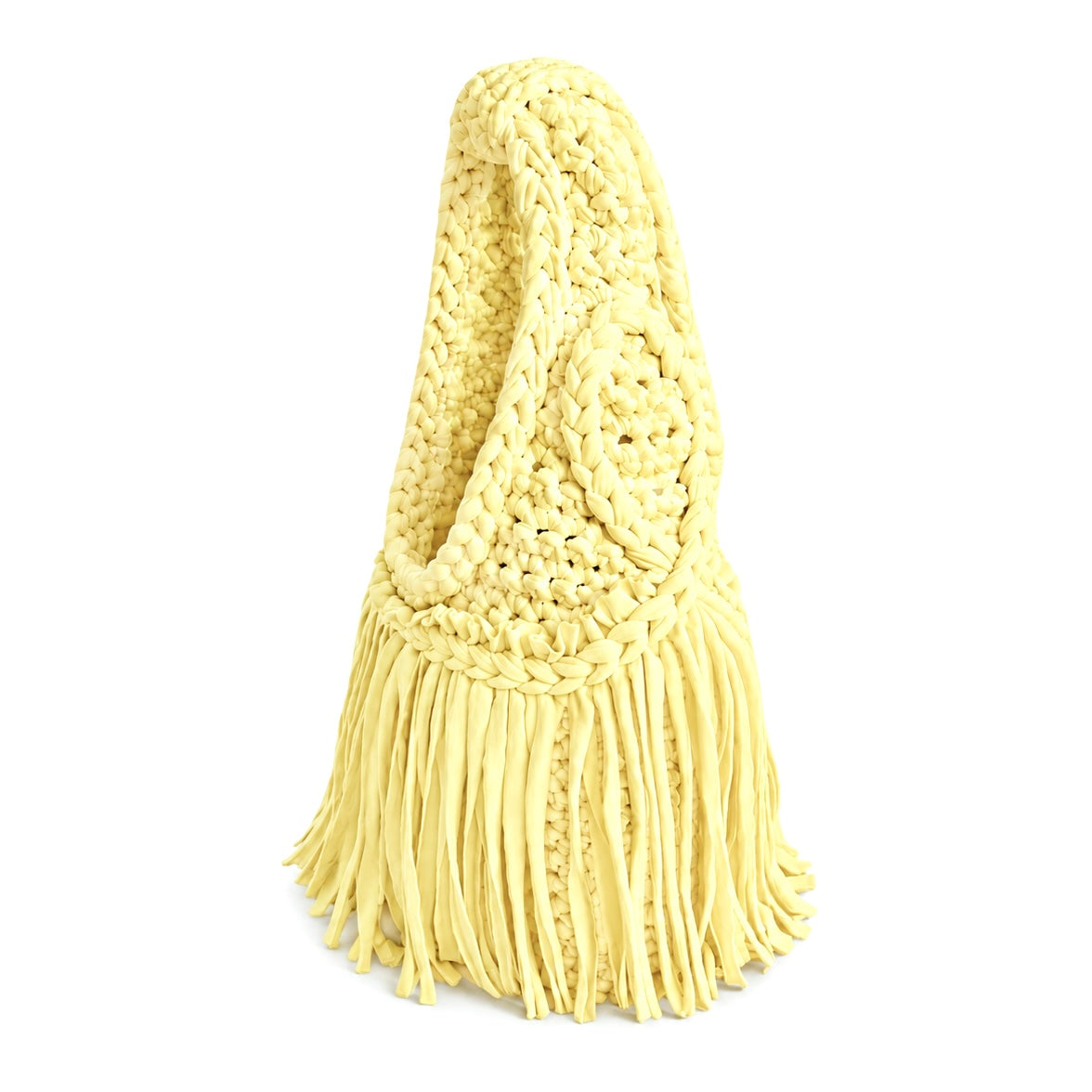 Handmade Daffodil light yellow crochet fringe mini bag with flowing fringe and a braided handle.