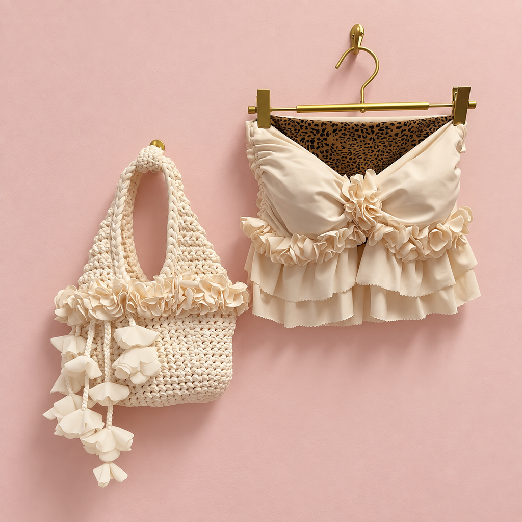 Handmade crochet petal bell mini bag in magnolia cream with braided handle and cascading petal trim. 
