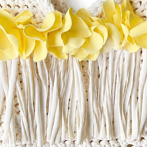 Handmade honeysuckle yellow cream crochet flower fringe mini bag