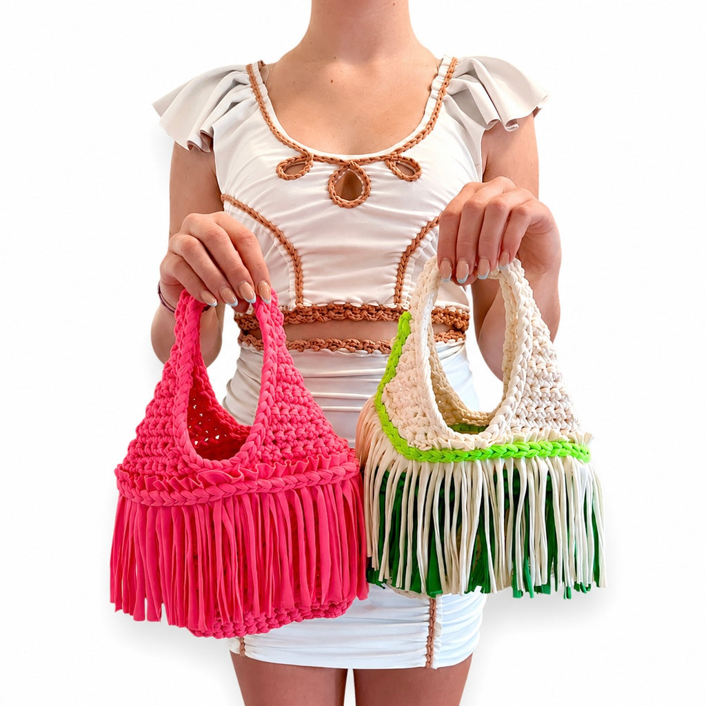 Handmade courtside green crochet fringe mini bag purse. 