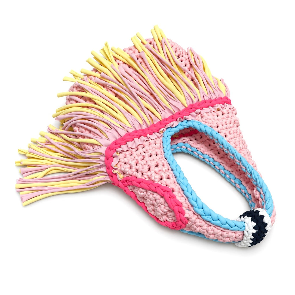 Handmade crochet fringe mini bag in Petal pink with Hydrangea blue, Hibiscus pink and Daffodil yellow details and flowing fringe.