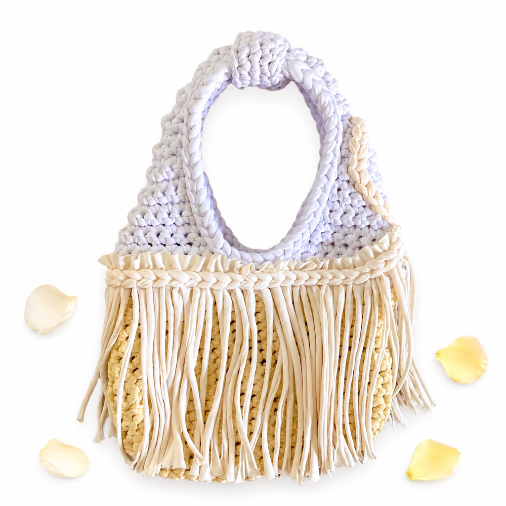 Handmade Buttercup Bloom light yellow crochet fringe mini bag