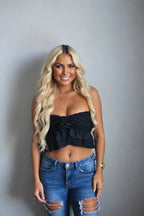 Handmade crochet rosette onyx black strapless ruffle rose tube top.  