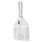 Handmade crochet mini swing bag in Gardenia white with flowing fringe and a loop-through wristlet handle.