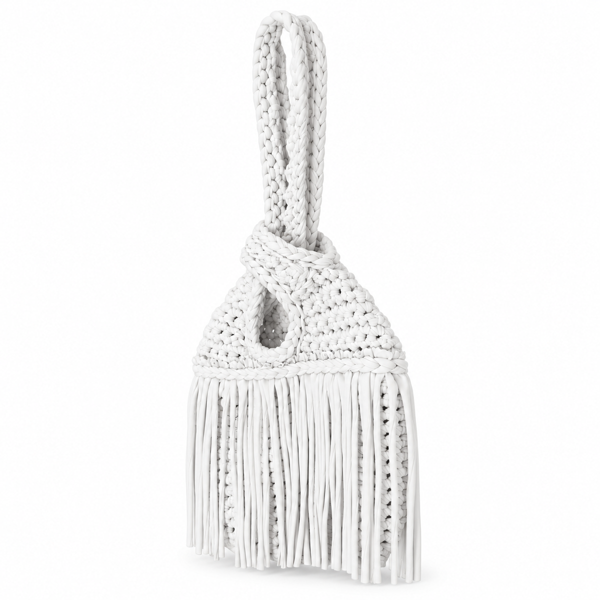 Handmade crochet mini swing bag in Gardenia white with flowing fringe and a loop-through wristlet handle.