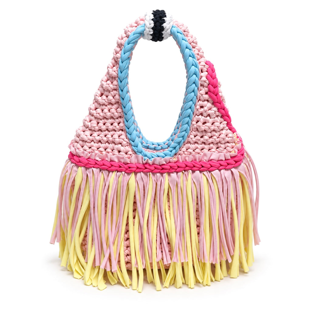Handmade crochet fringe mini bag in Petal pink with Hydrangea blue, Hibiscus pink and Daffodil yellow details and flowing fringe.