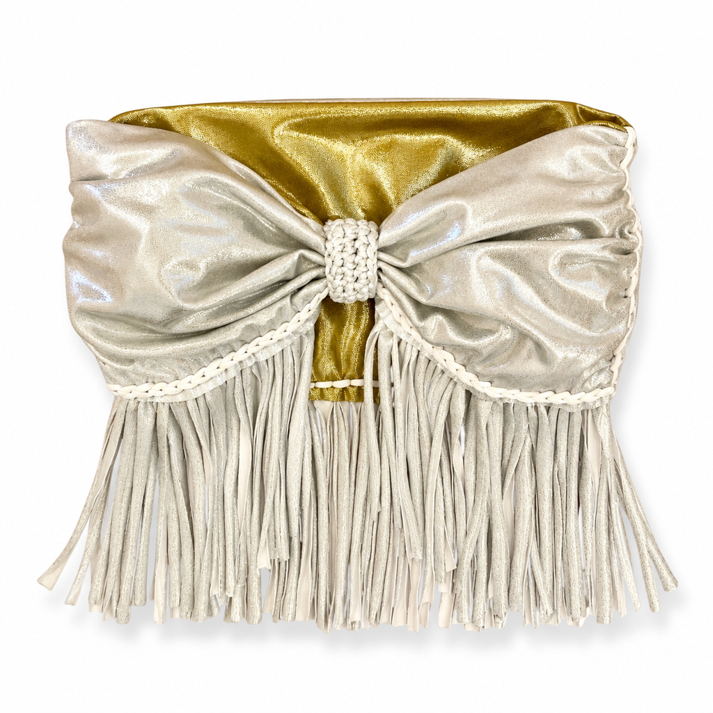 Reversible handmade metallic silver fringe bow tube top