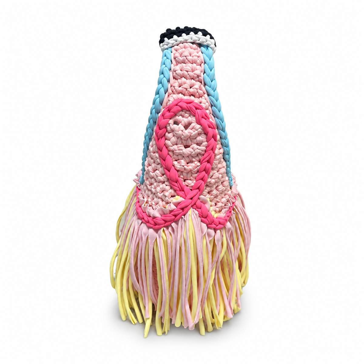 Handmade crochet fringe mini bag in Petal pink with Hydrangea blue, Hibiscus pink and Daffodil yellow details and flowing fringe.