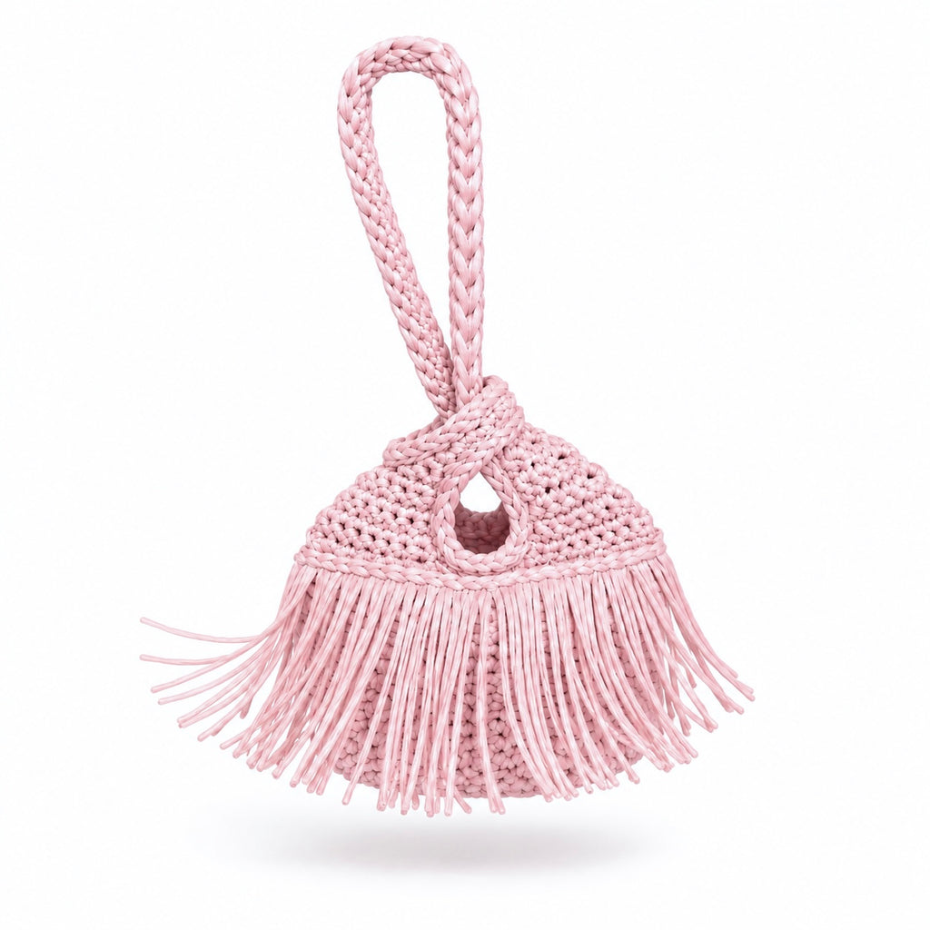 Crochet Petal pink fringe mini swing bag, handmade with stretch nylon/spandex. 