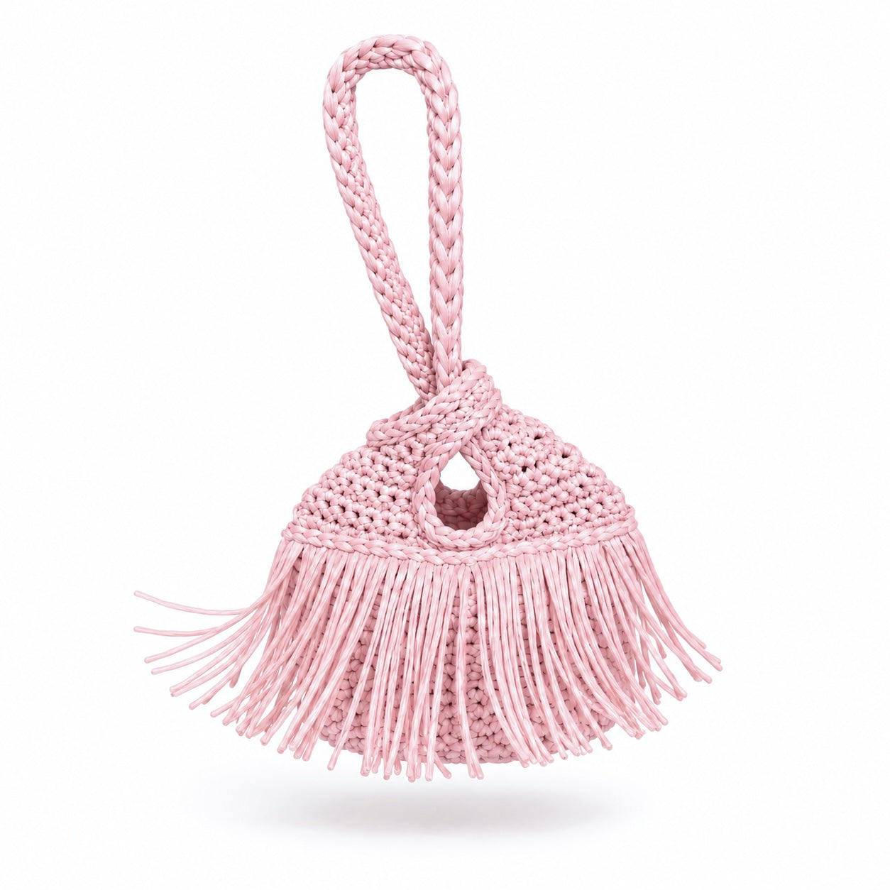 Crochet Petal pink fringe mini swing bag, handmade with stretch nylon/spandex. 