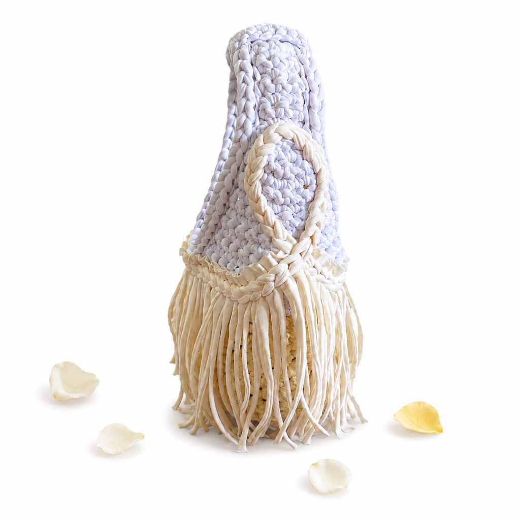 Handmade Buttercup Bloom light yellow crochet fringe mini bag. 