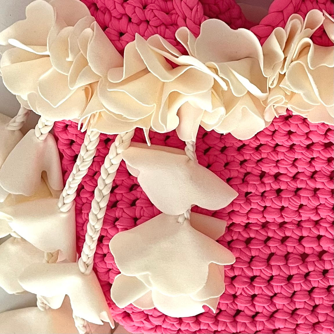 Handmade hibiscus hot pink and magnolia cream crochet petal bell floral mini bag