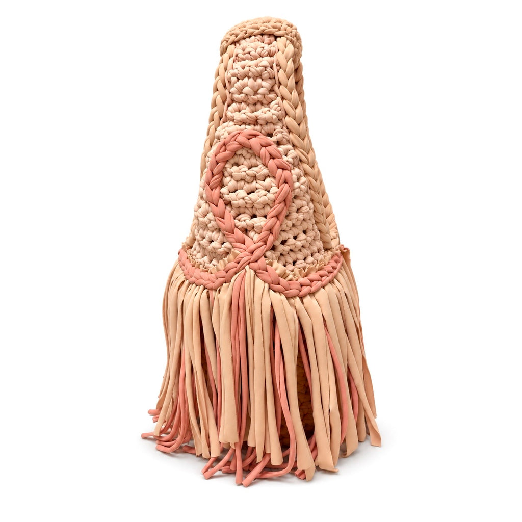 Handmade crochet fringe mini bag in Hazelnut  brown, Dusty Rose and Clay with braided handle and flowing fringe.