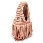 Handmade crochet fringe mini bag in Hazelnut  brown, Dusty Rose and Clay with braided handle and flowing fringe.