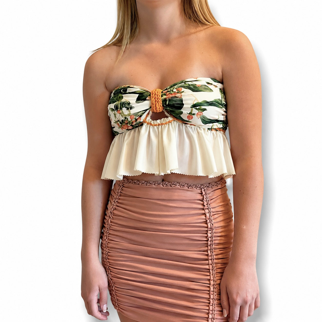 Reversible handmade white botanical print ruffle bow crochet tube top