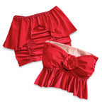 Reversible handmade tulip red ruffle rose tube top and mini skirt set