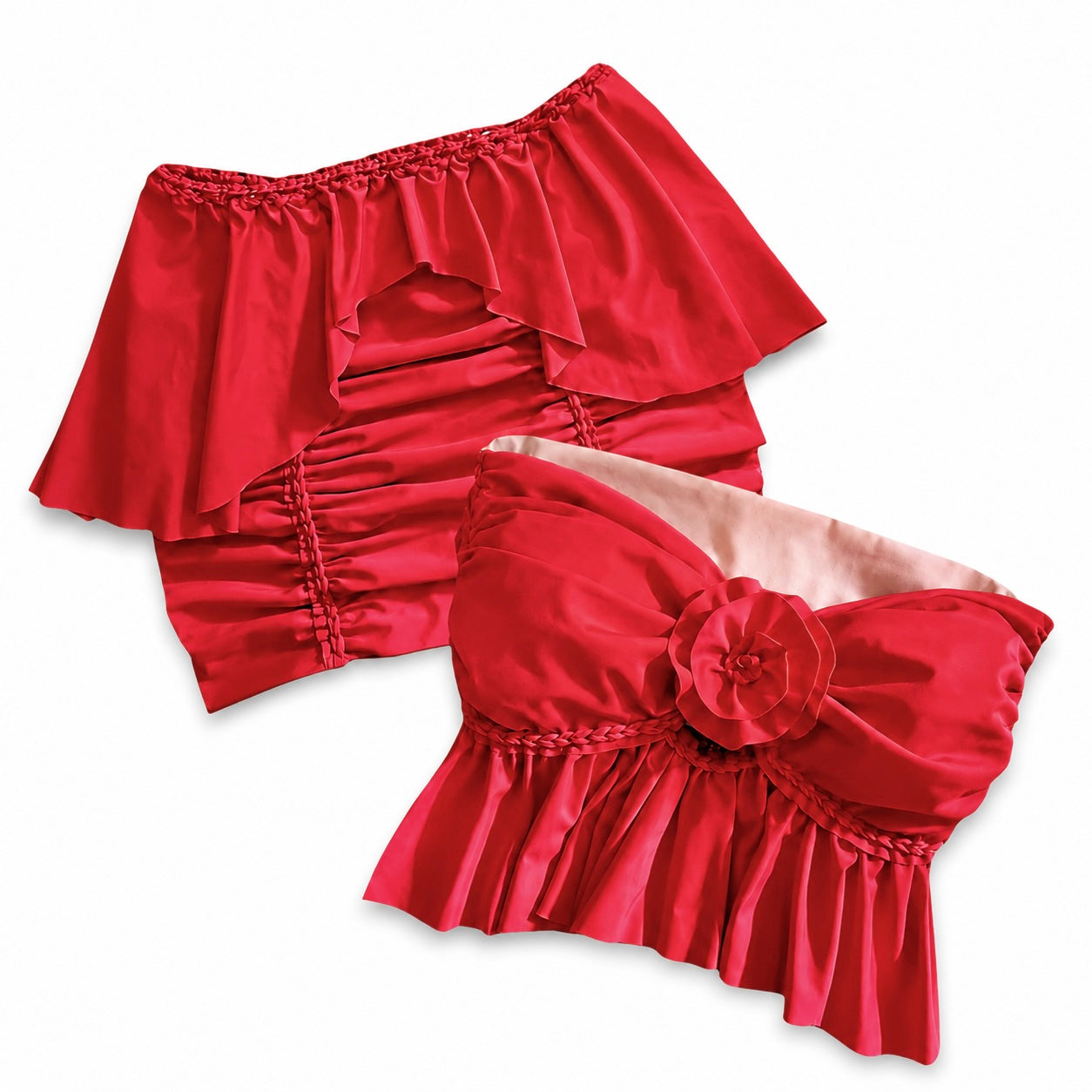 Reversible handmade tulip red ruffle rose tube top and mini skirt set